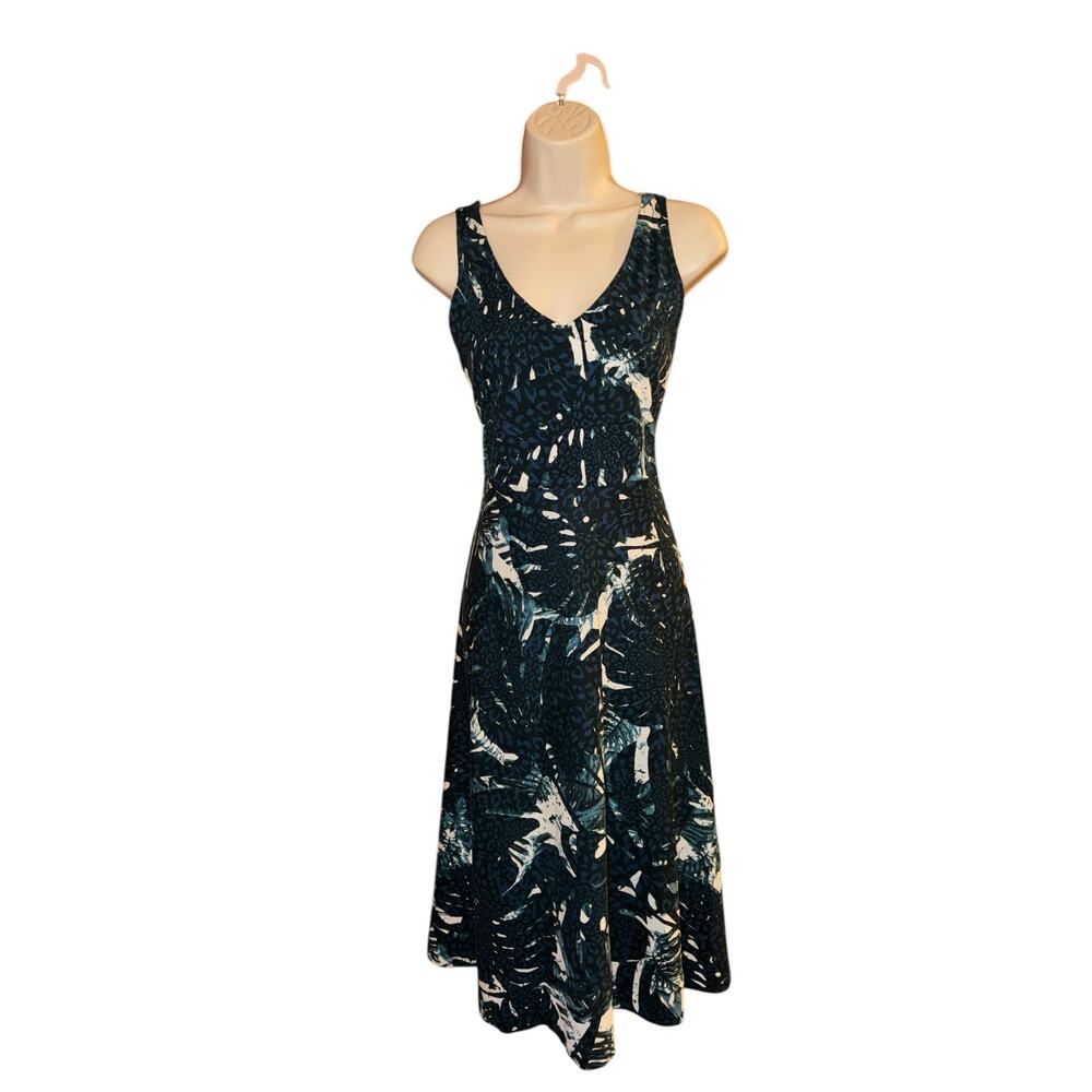 Chaps womens teal leaf print midi jersey dress size S